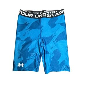 Under Armour Compression Bike Shorts Womens Size S Blue Camo Mid Rise 8" Inseam